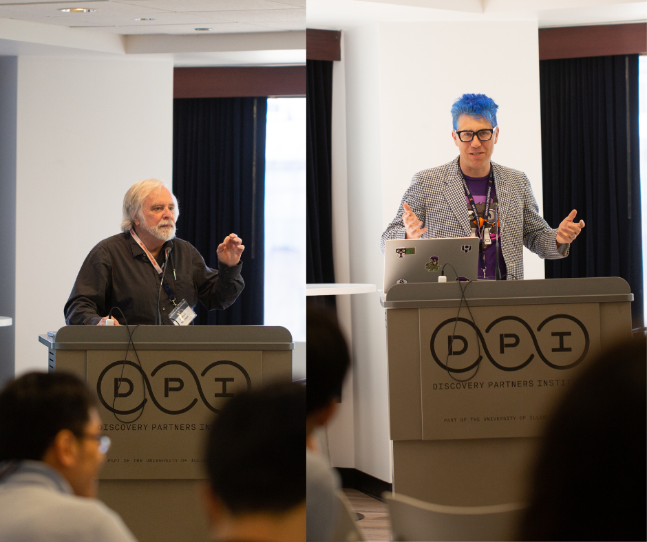 Side-by-side photos of two people talking to a crowd while standing at a podium.