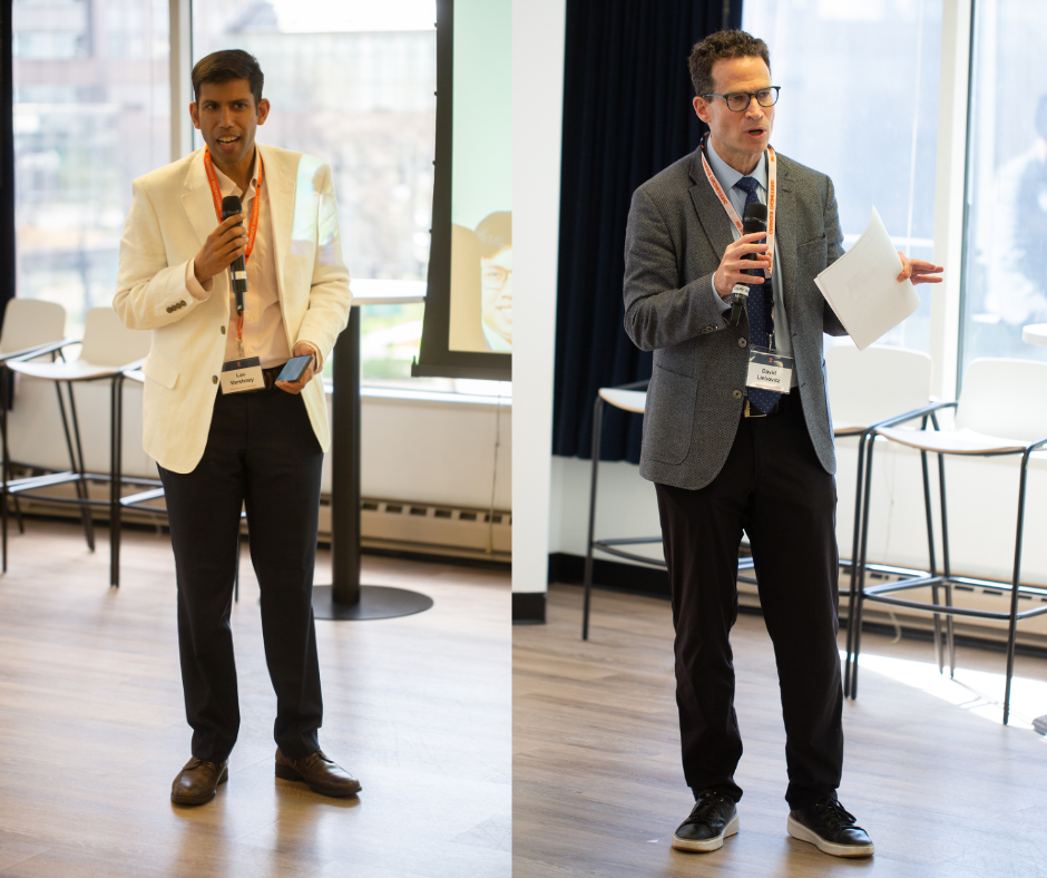 Side-by-side photos of two men holding microphones addressing a crowd